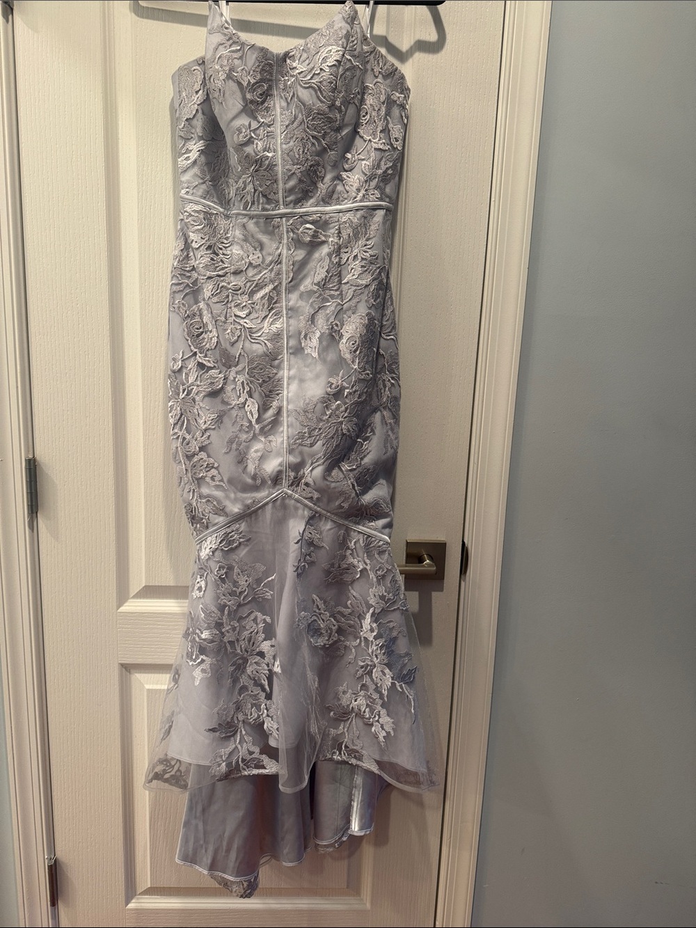 Bariano Black Lilac Lace Appliqué strapless Mermaid Dress